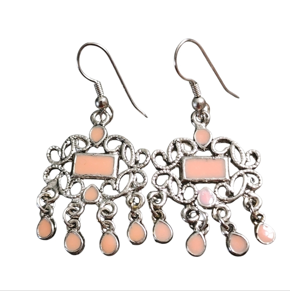 Silvertone Pink Enamel Chandelier Earrings